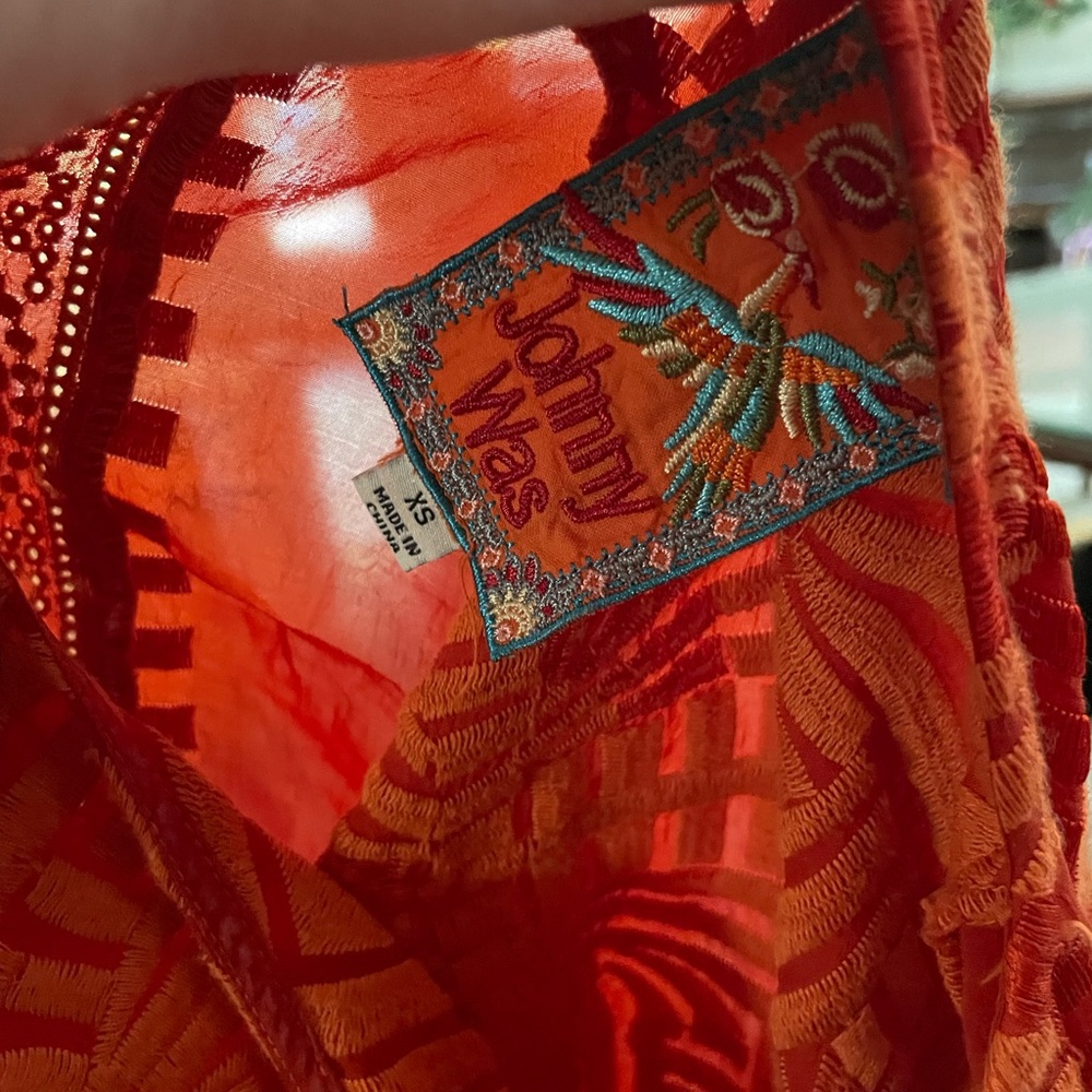 Johnny Was Orange Embroidery peasant blouse sz XS Vneck long sleeve eyelet lace - Picture 15 of 16